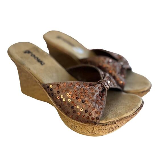 Y2K VTG. BROWN SEQUIN PLATFORM WEDGE HEELS SANDALS GROOVE SZ.‎ 8 - Picture 2 of 8